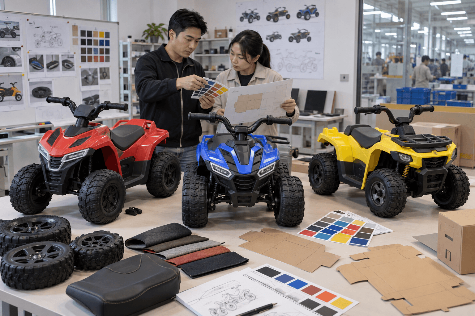 Asian product engineers reviewing custom colors, materials, and packaging for children's ride-on quads