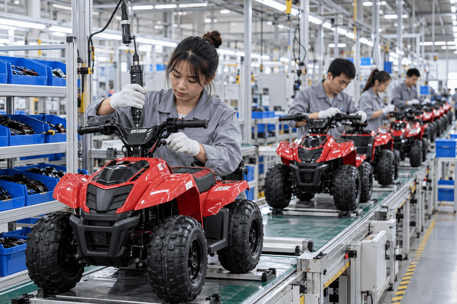 Asian factory workers assembling a private-label children’s electric ATV order