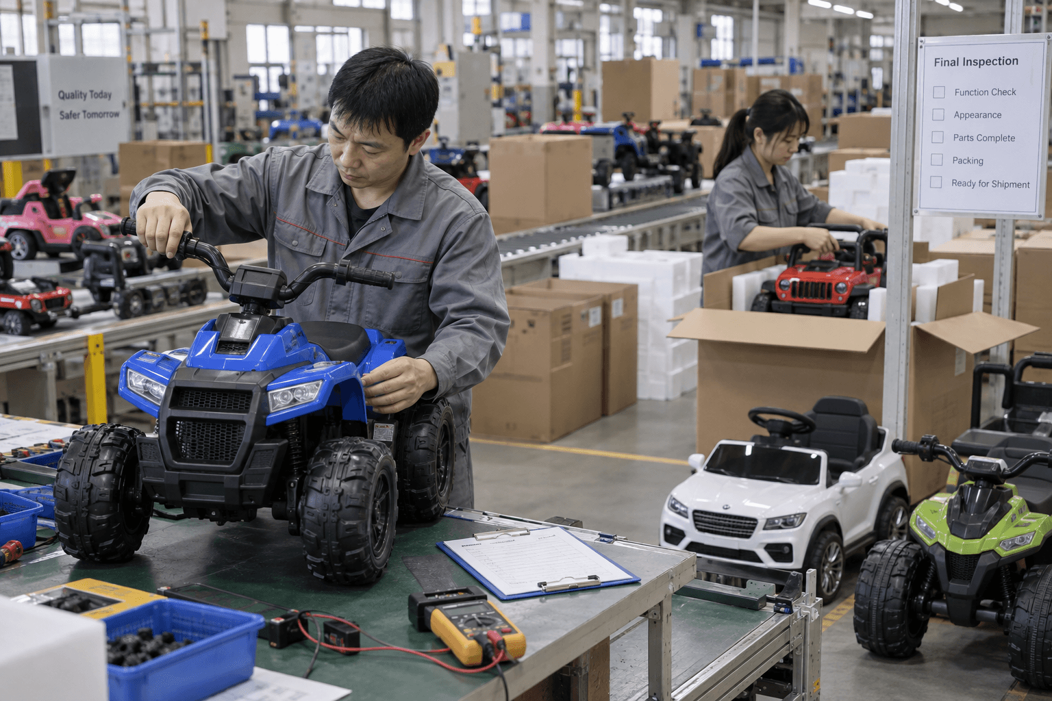 Asian factory inspectors checking children’s ATV cartons before wholesale shipment