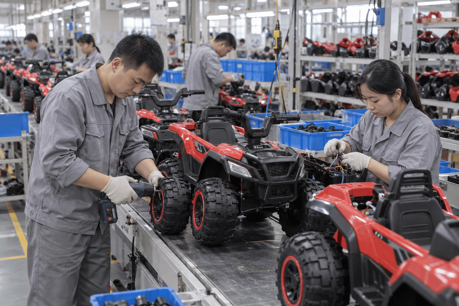 Asian workers assembling children's four-wheel ride-on ATVs