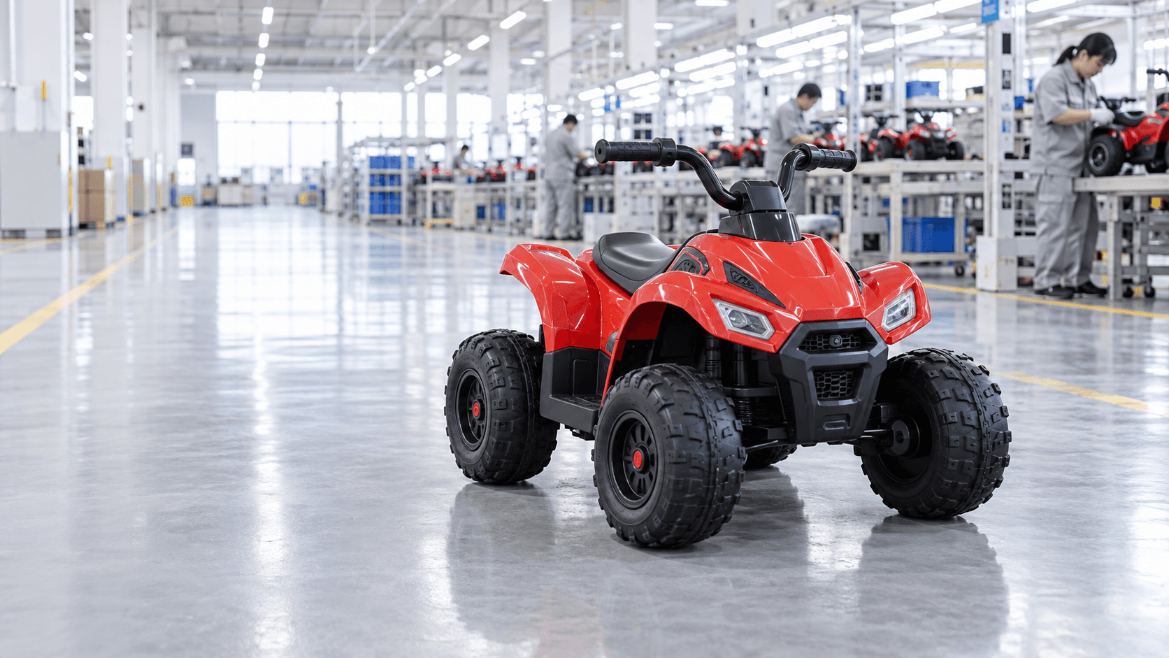 Children's four-wheel ride-on quad in a modern factory
