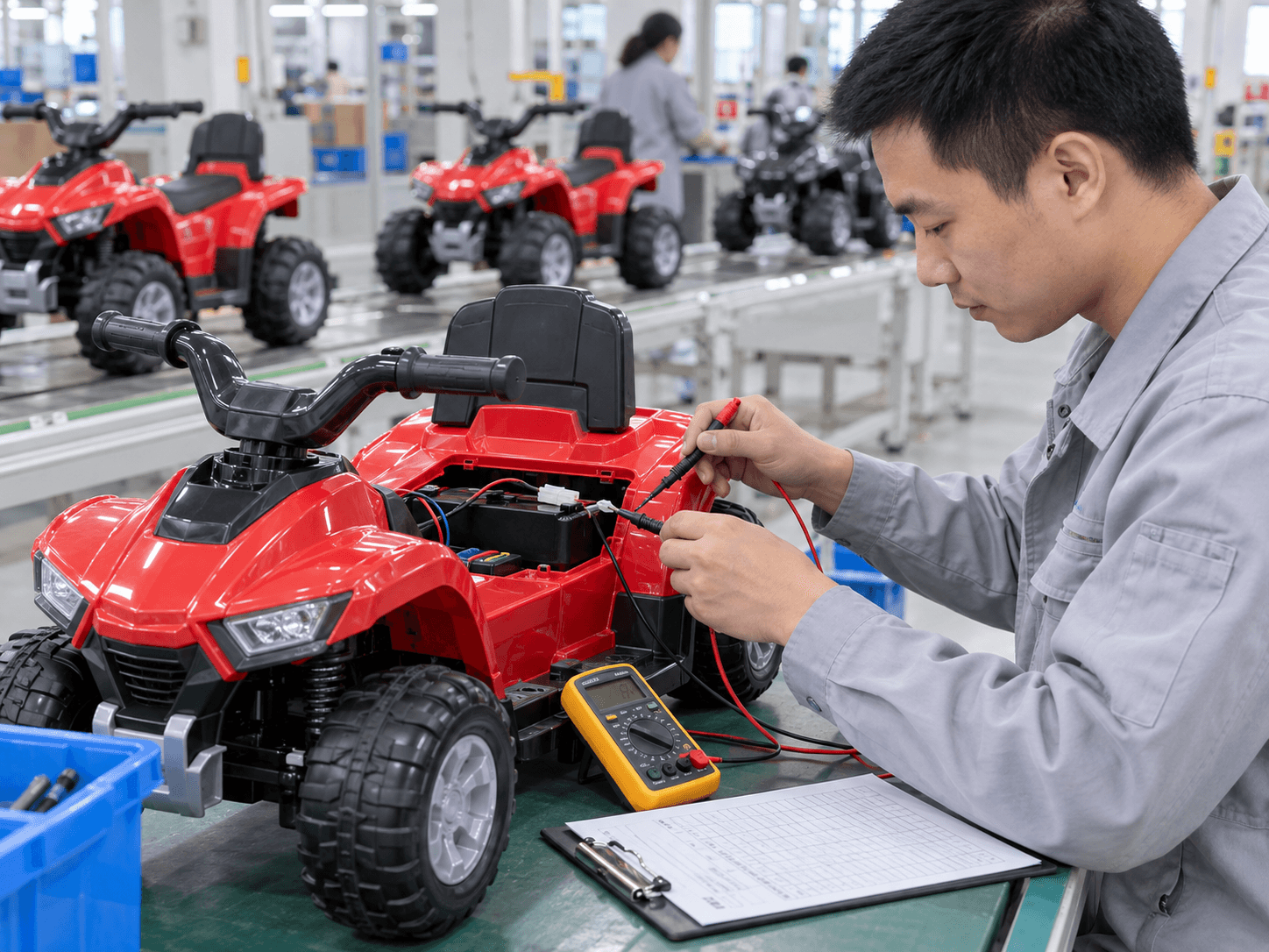 Asian factory technician testing a children’s electric ATV drive system and controls